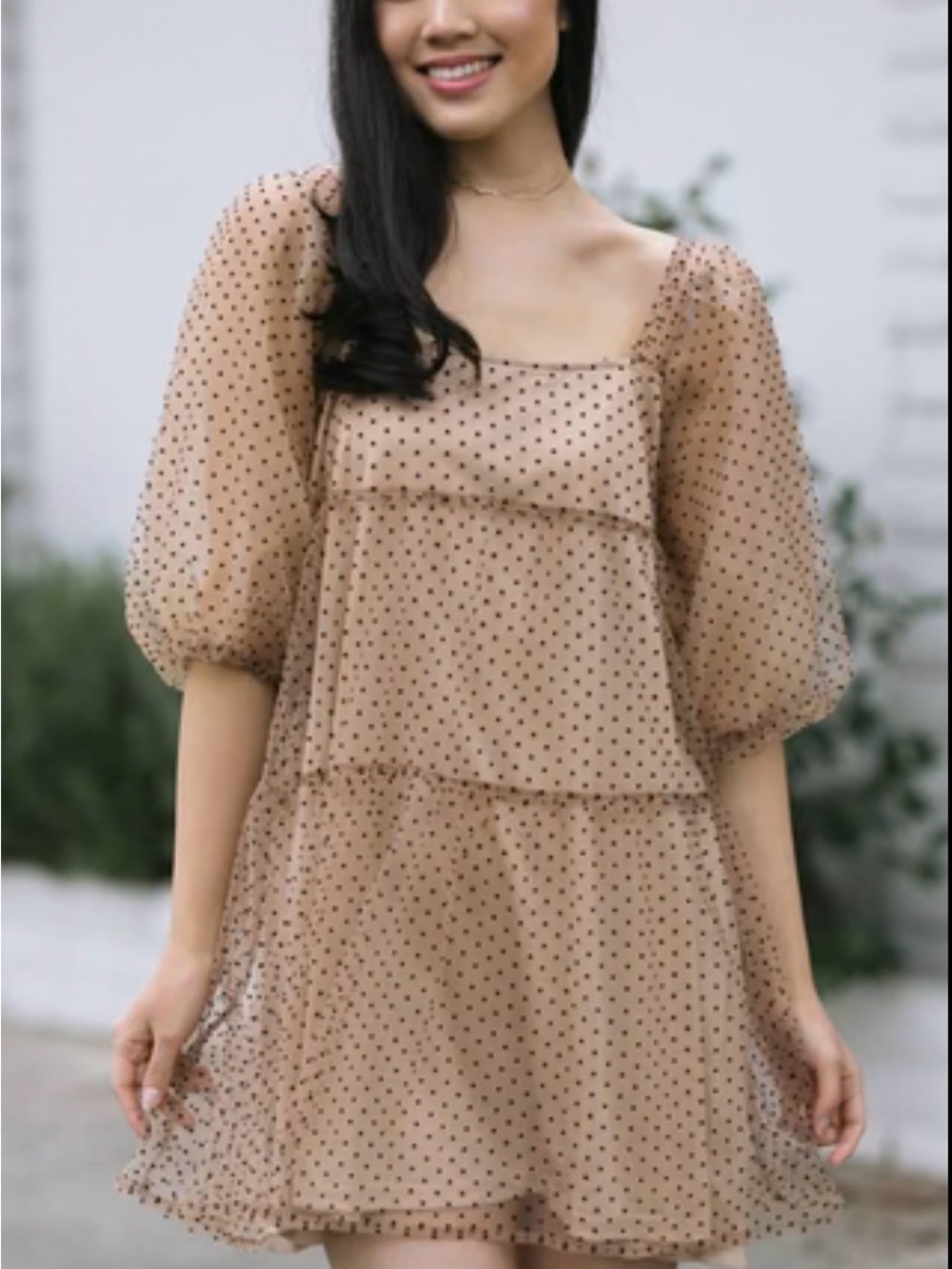 Lush Beige Mini Dress with Black Polka Dots